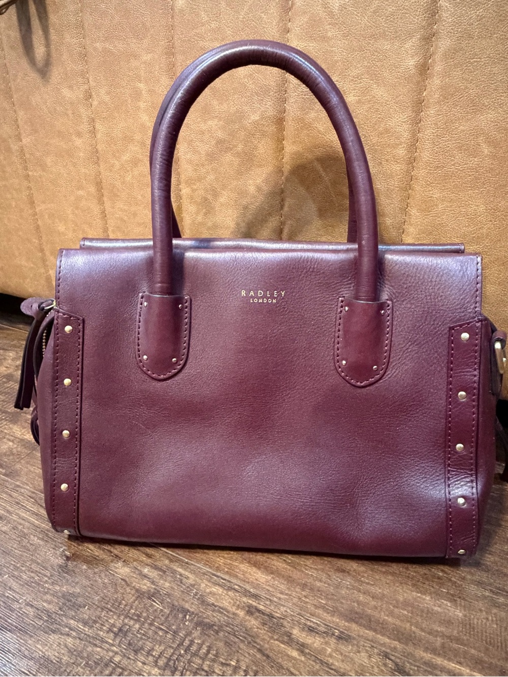 RADLEY LONDON Burgundy Leather Structured Satchel with Stud Accents